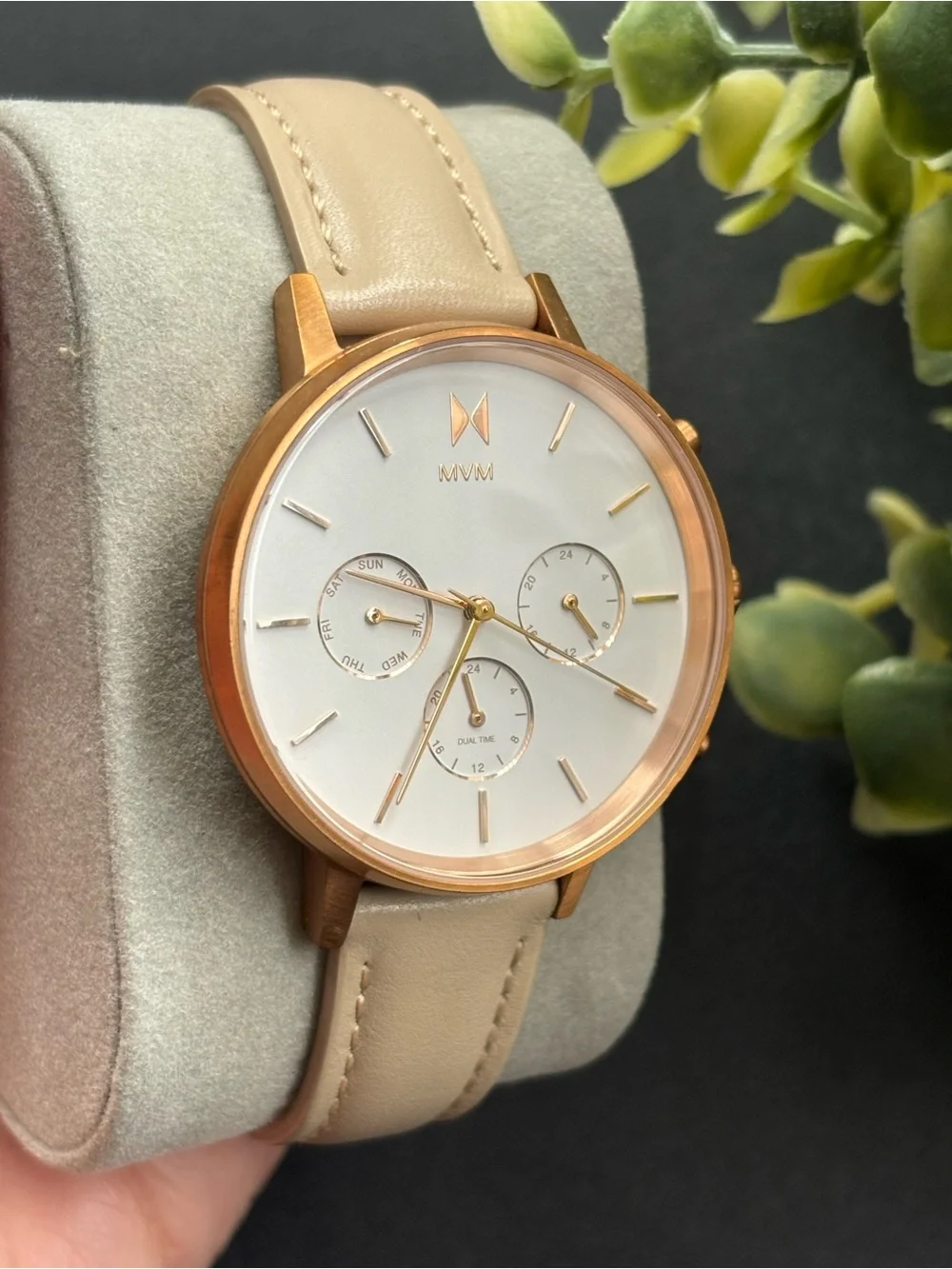 MVMT Rose Gold and Beige Leather Chronograph Watch